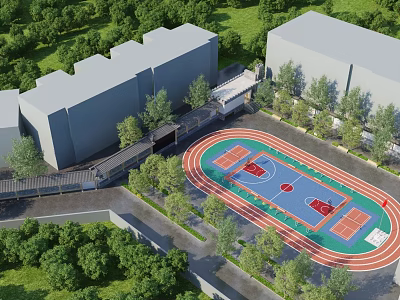 Modern School Building Exterior With Standard Sports Field And Lush Green Surrounding Landscape 3d model