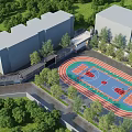 Modern School Building Exterior With Standard Sports Field And Lush Green Surrounding Landscape