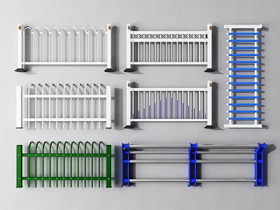 Various Outdoor Fence Types With White Green Blue Colors and Different Designs 3d model
