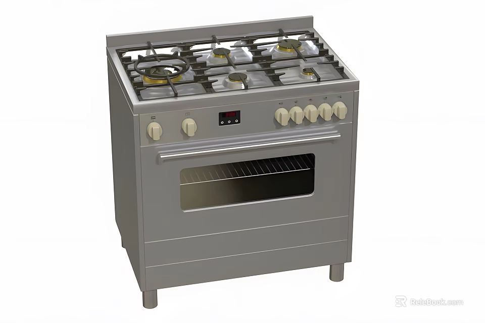 Silver Gas Stove With Oven Multiple Burners Knobs And Display Panel 3d model 