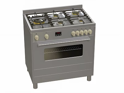 Silver Gas Stove With Oven Multiple Burners Knobs And Display Panel 3d model