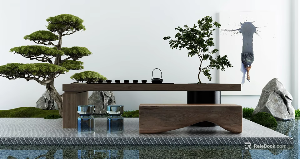 Wooden Tea Table And Chairs With Tea Set Small Bonsai Trees And Small Pool Decor 3d model 