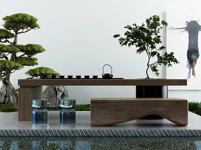 Wooden Tea Table And Chairs With Tea Set Small Bonsai Trees And Small Pool Decor 3d model