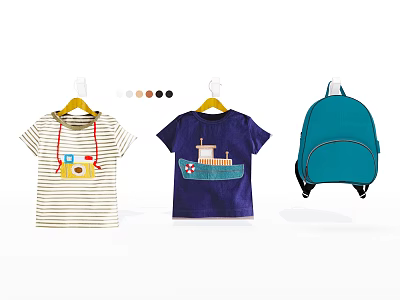 Kids Clothes Striped Camera Print T Shirt Purple Ship Design Tee And Blue Backpack 3d model