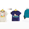 Kids Clothes Striped Camera Print T Shirt Purple Ship Design Tee And Blue Backpack