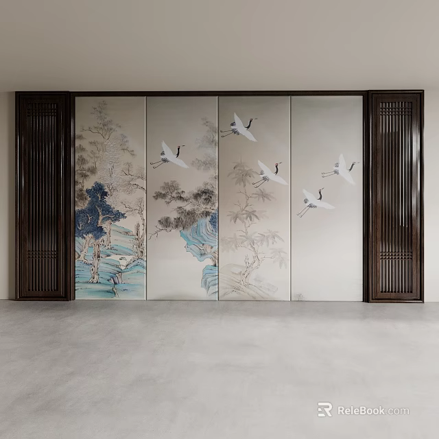 Chinese Style Background Wall With Screen Design Crane Bamboo And Landscape Patterns Wooden Frame Sides 3d model 