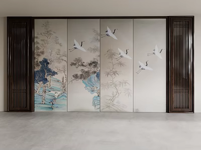 Chinese Style Background Wall With Screen Design Crane Bamboo And Landscape Patterns Wooden Frame Sides 3d model