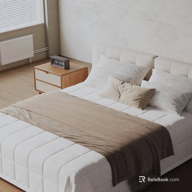 Double Bed With White Headboard Beige Pillows Brown Blanket Wooden Nightstand And Black Alarm Clock 3d model 