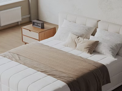 Double Bed With White Headboard Beige Pillows Brown Blanket Wooden Nightstand And Black Alarm Clock 3d model