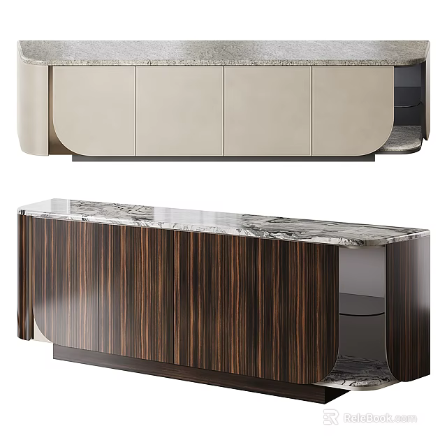 Modern Sideboard with Beige and Dark Brown Wooden Finish Marble Top and Elegant Contemporary Design 3d model 