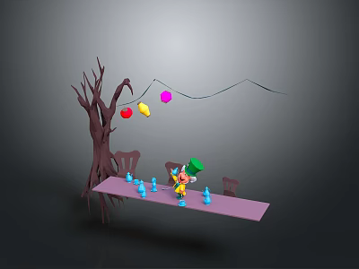 Pink Long Table With Brown Chairs And Blue Teacups By Withered Tree With Colorful Lanterns 3d model