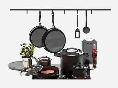 Essential Kitchen Utensils With Hanging Pans Spatula Ladle Pots Frying Pan On Stove 3d model