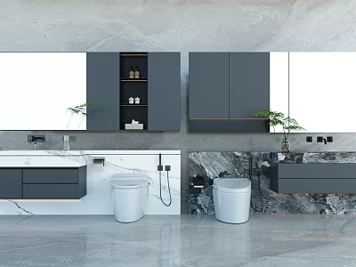 Modern Bathroom Set Design With Wall Mounted Cabinets Double Vanities Large Mirrors And Potted Plants 3d model