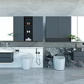 Modern Bathroom Set Design With Wall Mounted Cabinets Double Vanities Large Mirrors And Potted Plants