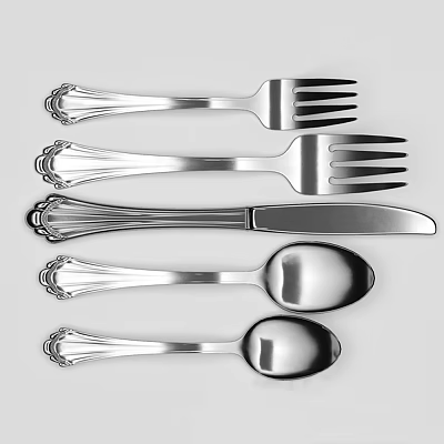 Silver Metal Cutlery Set with Elegant Handle Design Including Forks Knife and Spoons 3d model