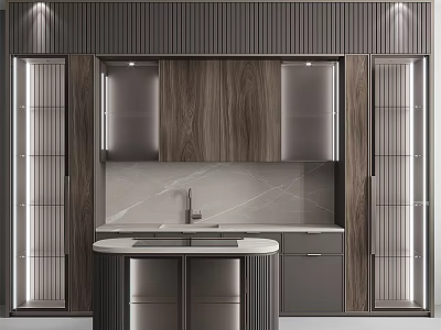 Modern Kitchen With Sleek Wooden Cabinets Metal Accents And Marble Countertop Sink 3d model