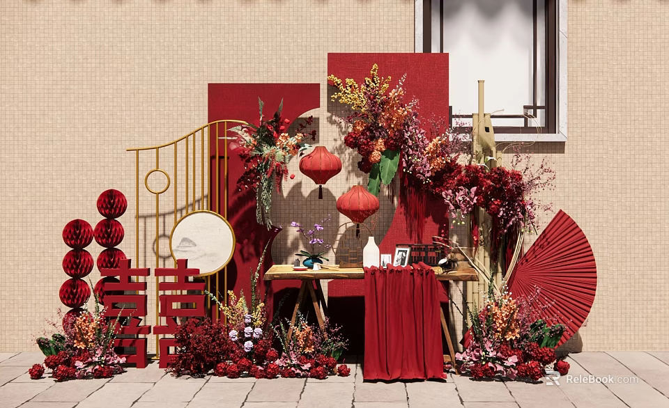 Traditional Chinese Red Themed Floral Installation With Lanterns Double Happiness Characters Fans And Flower Arrangements 3d model 
