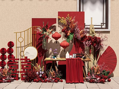 Traditional Chinese Red Themed Floral Installation With Lanterns Double Happiness Characters Fans And Flower Arrangements 3d model