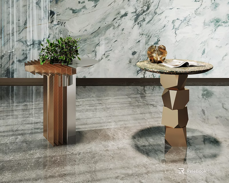 Modern Side Tables With Marble Top Geometric Base And Potted Plant 3d model 