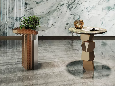 Modern Side Tables With Marble Top Geometric Base And Potted Plant 3d model