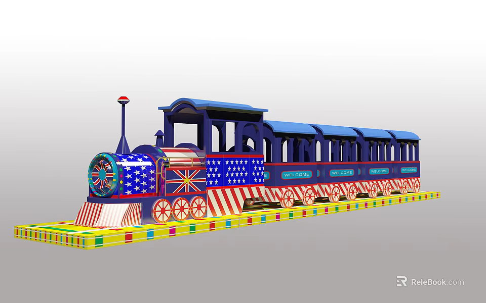 Decorative Blue Train with American British Flag Patterns and Colorful Striped Design 3d model