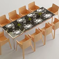 Modern Dining Table Set With Light Brown Chairs Black Marble Top And Dinnerware 3d model