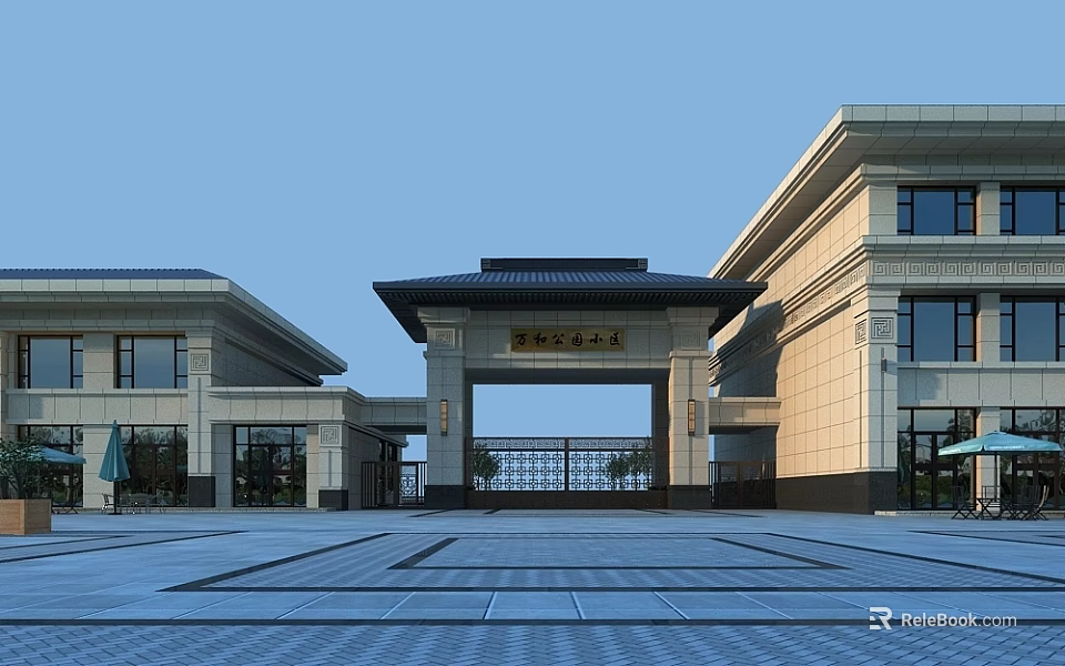 Traditional Chinese Entrance Gate Featuring Pagoda Roof Symmetric Buildings And Stone Square 3d model 