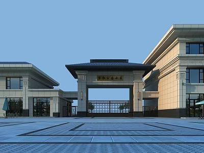 Traditional Chinese Entrance Gate Featuring Pagoda Roof Symmetric Buildings And Stone Square 3d model