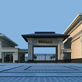 Traditional Chinese Entrance Gate Featuring Pagoda Roof Symmetric Buildings And Stone Square