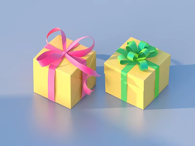 Colorful Yellow Decorative Gift Boxes With Pink And Green Bows For Daily Living Use 3d model