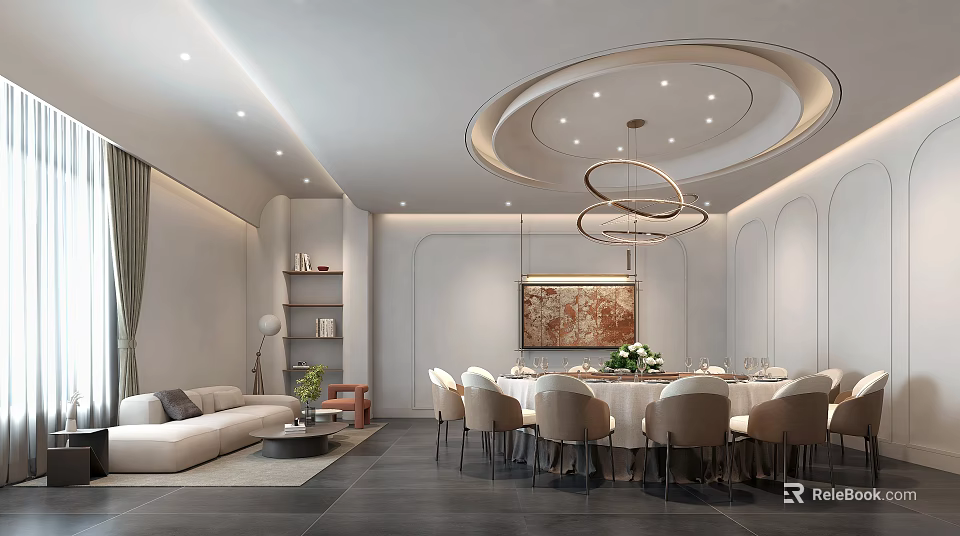 Modern Private Dining Room Interior With Round Table Beige Chairs Chandelier Sofa And Decorative Painting 3d model 