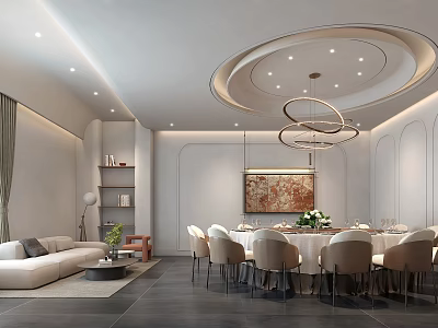 Modern Private Dining Room Interior With Round Table Beige Chairs Chandelier Sofa And Decorative Painting 3d model