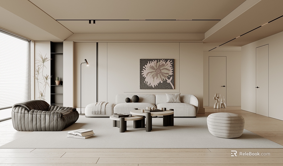 Modern Minimalist Living Room Interior With White Sofa Gray Armchair And Flower Painting 3d model 