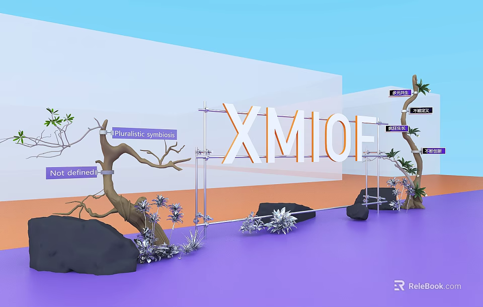 Colorful Art Installation With Orange White XMIOF Letters Tree Branches Stones And Purple Floor 3d model 