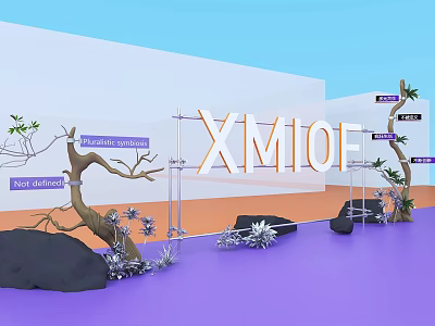 Colorful Art Installation With Orange White XMIOF Letters Tree Branches Stones And Purple Floor 3d model