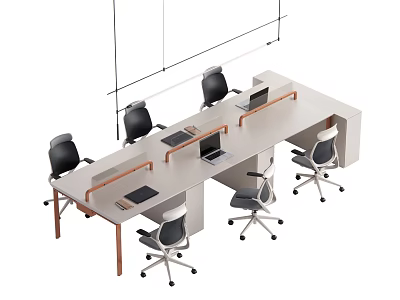 Modern Office Desk With Multiple Workstations Ergonomic Chairs And Laptops For Team Work 3d model