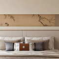 Elegant Bedroom Accent Wall With Bamboo Bird Pattern And Textured Fabric Backdrop 3d model
