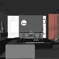 Modern Study Room With Black Grey Red Walls Sofa Desk Chair Blinds And Pendant Light
