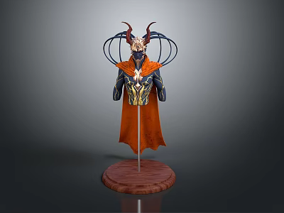 Horned Fantasy Character With Ornamental Headpiece Orange Cape Blue Gold Armor On Wooden Base 3d model