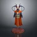 Horned Fantasy Character With Ornamental Headpiece Orange Cape Blue Gold Armor On Wooden Base