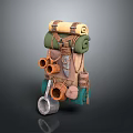 Outdoor Adventure Durable Leather Backpack Featuring Green Rolled Gear And Orange Pouches