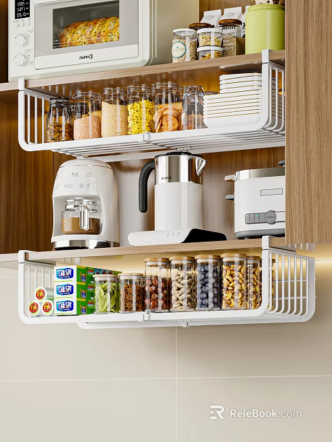 Modern Kitchen Spice Jars Storage Organizer With Transparent Glass Containers And Various Spices 3d model 