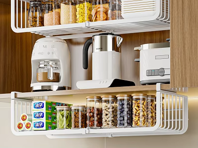 Modern Kitchen Spice Jars Storage Organizer With Transparent Glass Containers And Various Spices 3d model