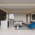 Modern Living and Dining Room Interior With Dark Cabinets Open Concept Bar Counter And Dining Table