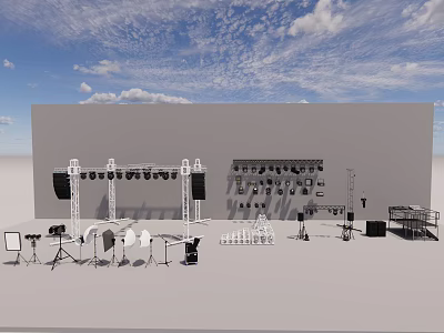 Professional Stage With Lighting Sound Equipment Microphones Musical Instruments White Backdrop And Blue Sky 3d model