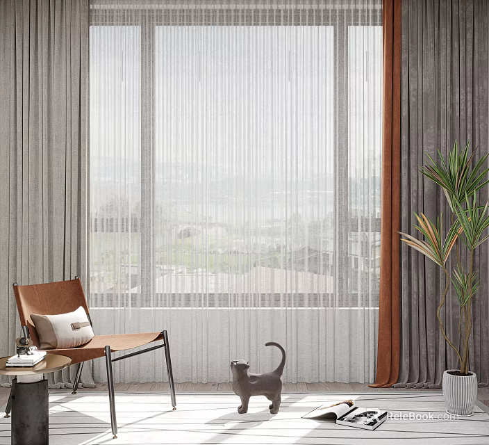 Modern Sheer Curtains and Brown Drapes for Window with Interior Furniture and Plant 3d model 