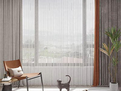 Modern Sheer Curtains and Brown Drapes for Window with Interior Furniture and Plant 3d model