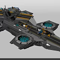 Gray and Yellow Building Blocks Flying Aircraft Carrier Model with Blue Thrusters and Runway Deck