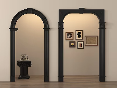 Black Arch Door Frames Featuring Small Table Vintage Camera Decorative Paintings Light Wall Wooden Floor 3d model