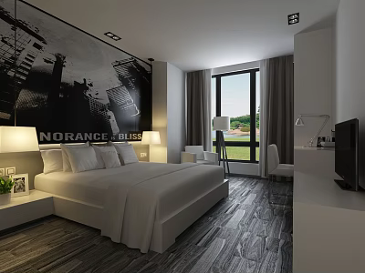 Modern Hotel Room With King Bed Large Window Black White Mural And Wooden Floor 3d model